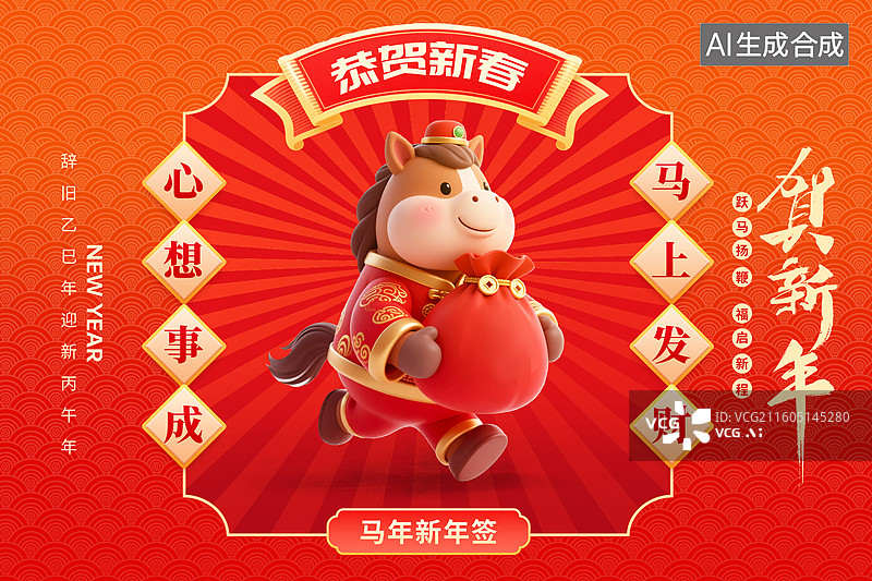 【AI数字艺术】2026马年国潮风春节海报模版 卡通马年贺岁插画 3D卡通形象 装满金元宝的钱袋 放射线背景 横版图片素材