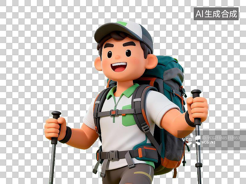 【AI数字艺术】3D 旅游出行卡通年轻男性户外徒步登山探险免抠设计素材图片素材
