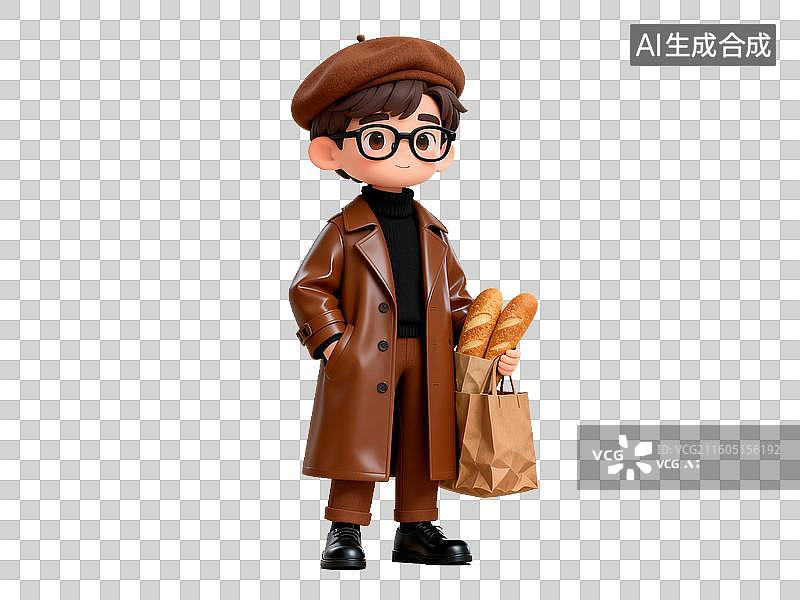 【AI数字艺术】电商购物 时尚人物 戴贝雷帽的卡通人物手提面包袋图片素材