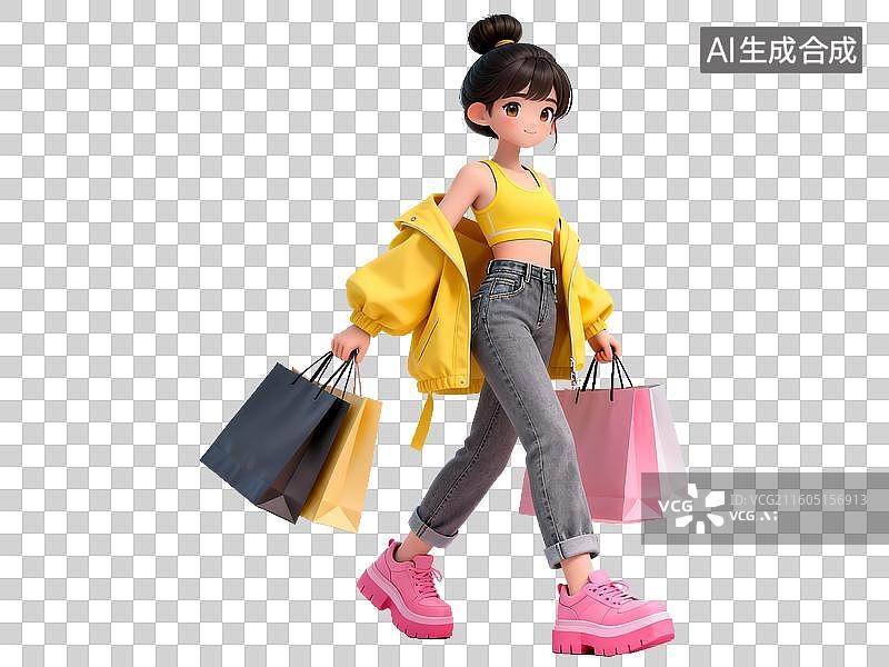 【AI数字艺术】电商购物 时尚人物 年轻女性手提购物袋行走图片素材