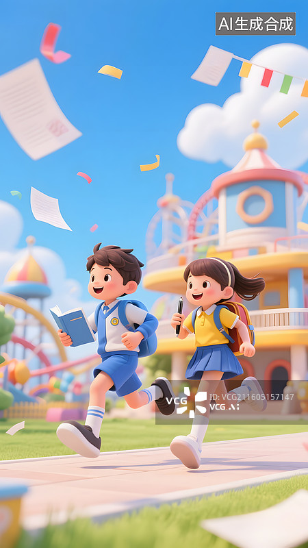 【AI数字艺术】背着书包去上学的两个小学生图片素材