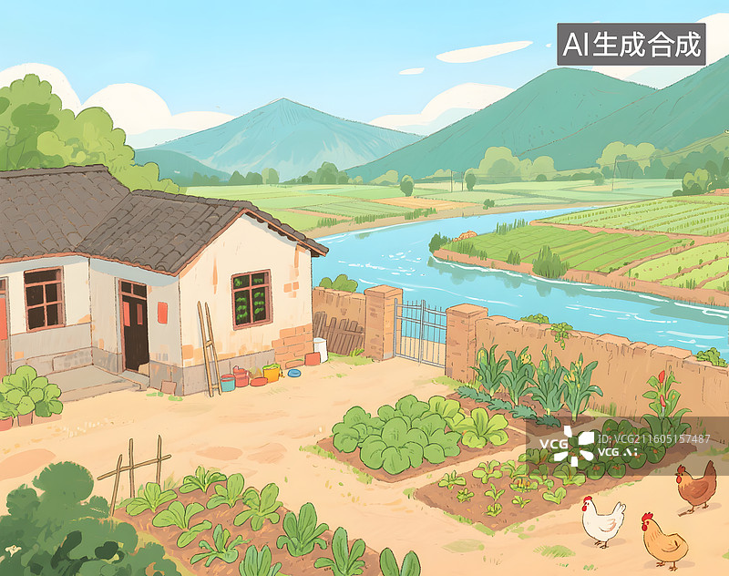 【AI数字艺术】中国传统农村怀旧卡通插画图片素材