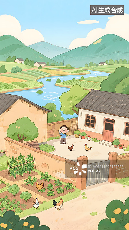 【AI数字艺术】中国传统农村怀旧卡通插画图片素材