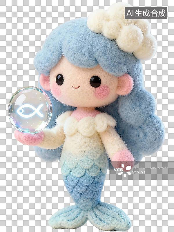 【AI数字艺术】双鱼座 12星座水象拟人形象造型 3D卡通立体手工针织毛毡风格毛绒玩具手办棉花娃娃创意设计透明无背景图片素材