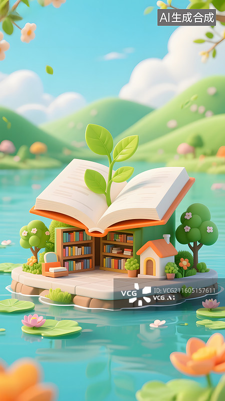 【AI数字艺术】3D卡通读书萌芽图片素材