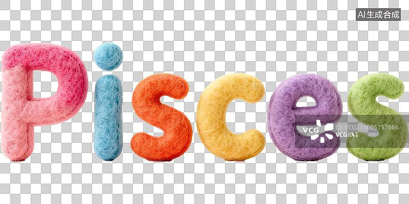 【AI数字艺术】双鱼座 12星座水象星座英文单词字母拼写 3D卡通立体手工针织毛毡风格棉花毛绒玩具创意设计透明无背景图片素材