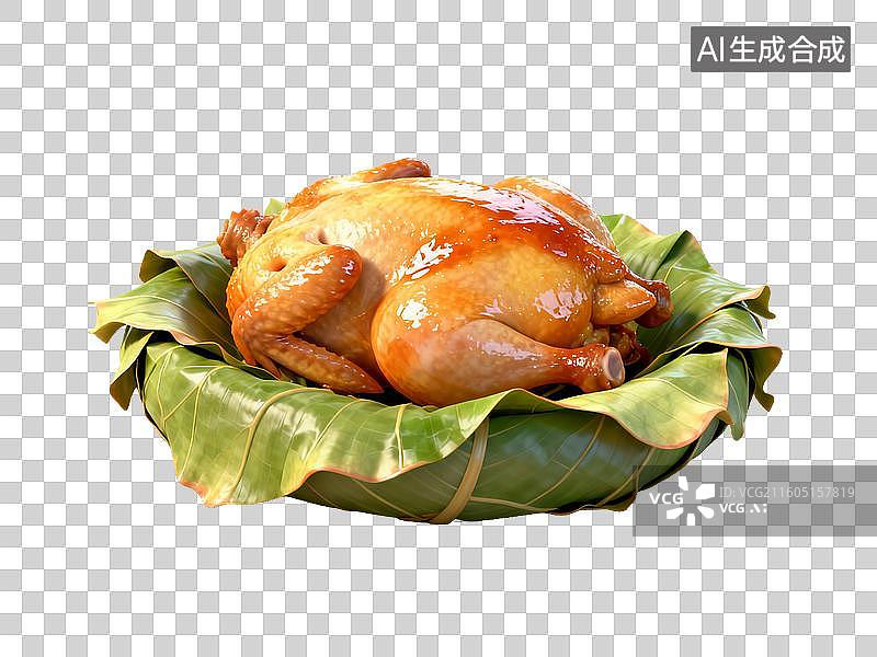 【AI数字艺术】美食 叫花鸡 烤鸡置于绿叶之上图片素材