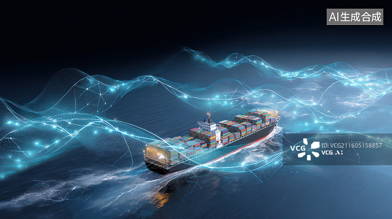【AI数字艺术】智能网络覆盖下的远洋货轮航行图片素材