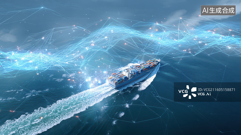 【AI数字艺术】智能网络覆盖下的远洋货轮航行图片素材