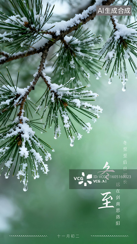 【AI数字艺术】冬至松树霜雪节气冬季海报绿色图片素材