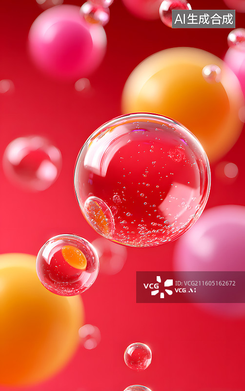 【AI数字艺术】红色背景上飞散的气泡图片素材