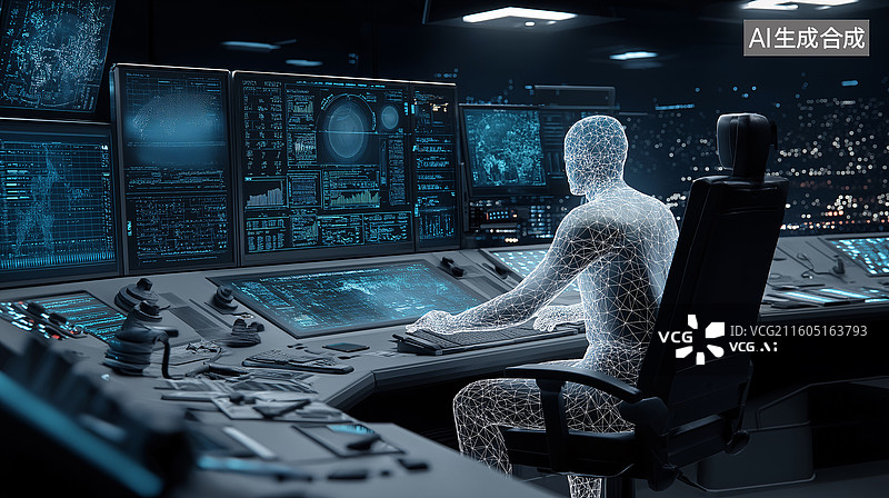 【AI数字艺术】三维人在宇宙控制中心操控屏幕图片素材