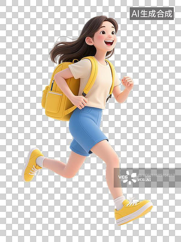 【AI数字艺术】夏天青春活力背着书包奔跑的女生3D卡通人物图片素材