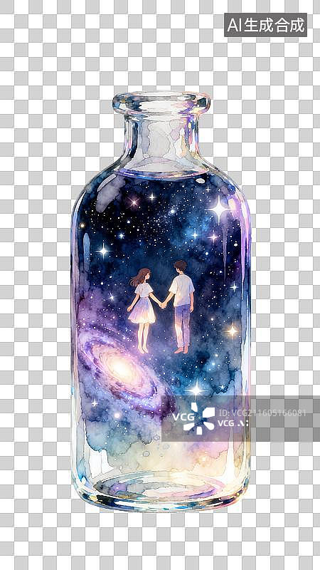 【AI数字艺术】幻想插画 两人在玻璃瓶里手牵手 情人节主题插画图片素材