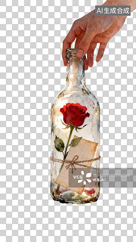 【AI数字艺术】透明瓶子里的红玫瑰和信 情人节主题插画图片素材