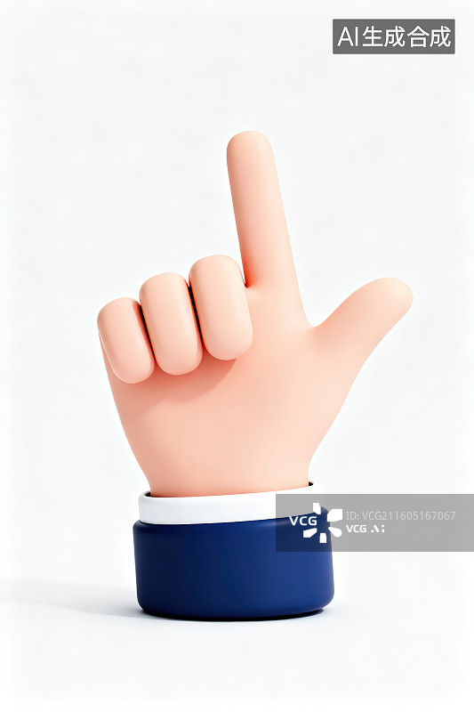 【AI数字艺术】纯色背景下深蓝色袖子的卡通小手举起手指指着一个方向图片素材