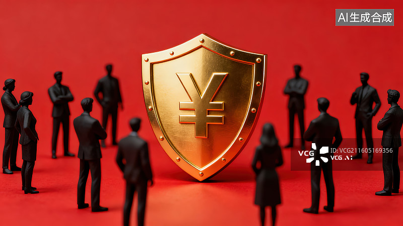 【AI数字艺术】红色背景下一群黑色商务小人模型围绕着一个金色带有人民币¥符号的盾牌，金融投资理财安全防护概念图片素材
