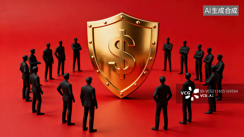 【AI数字艺术】红色背景下一群黑色商务小人模型围绕着一个金色带有美元$符号的盾牌，金融投资理财安全防护概念图片素材