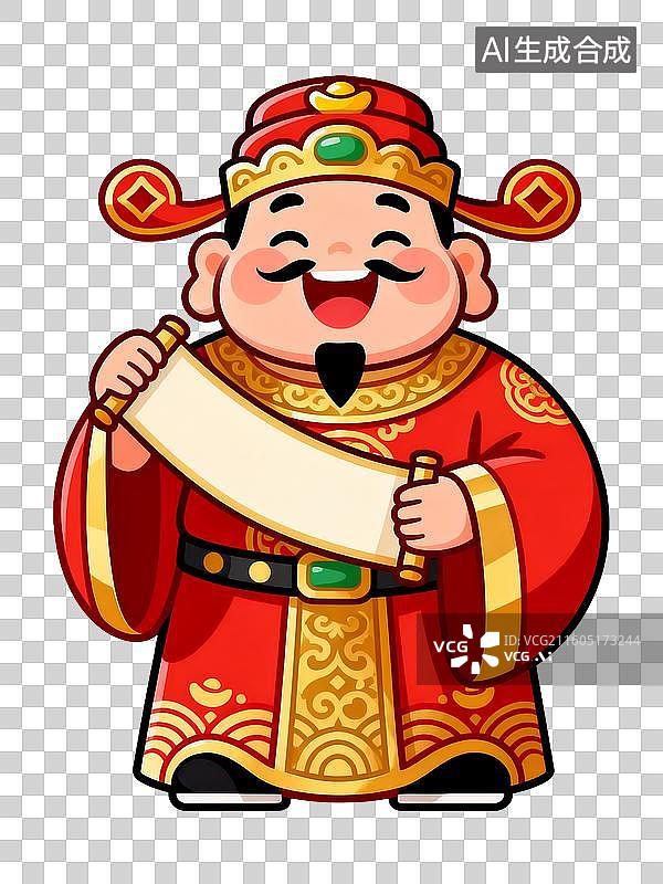 【AI数字艺术】扁平风中国年俗插画财神持卷轴送福贺岁形象图片素材