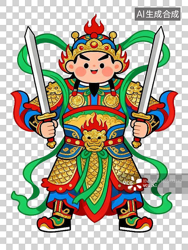 【AI数字艺术】扁平风中国年俗插画元素门神图片素材