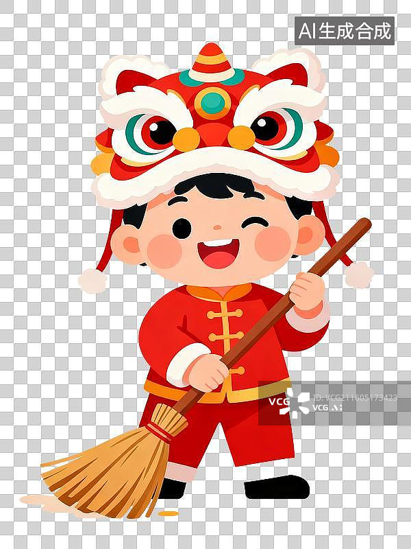 【AI数字艺术】扁平风中国年俗除尘插画图片素材