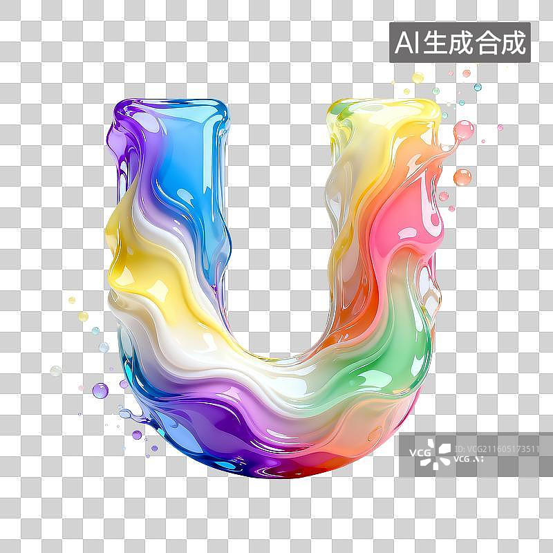 【AI数字艺术】彩虹色多层次动感液态流体免抠字母U图片素材