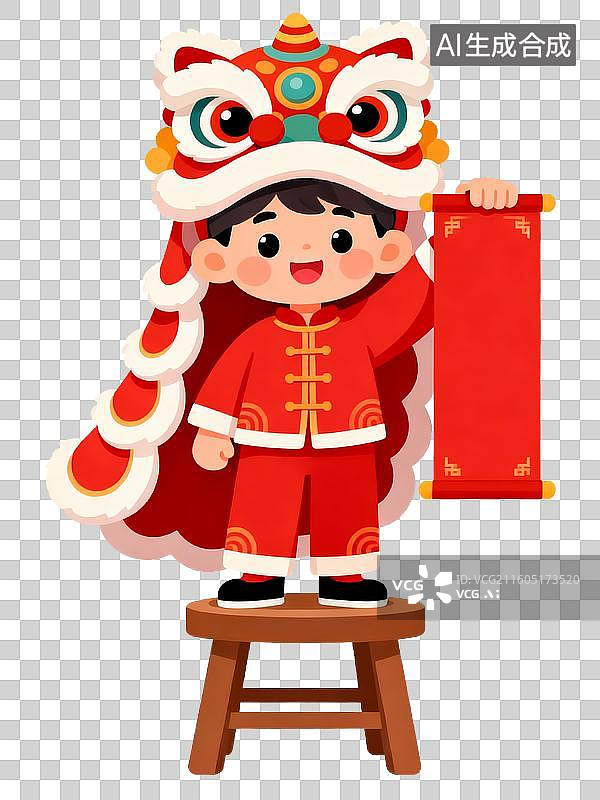 【AI数字艺术】扁平风中国年俗男孩戴舞狮头套持红牌贺岁形象图片素材