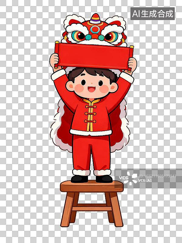 【AI数字艺术】扁平风中国年俗男孩戴舞狮头套持红牌贺岁形象图片素材