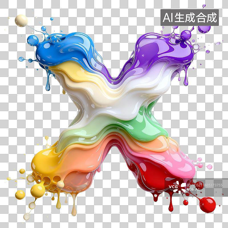 【AI数字艺术】彩虹色多层次动感液态流体免抠字母X图片素材