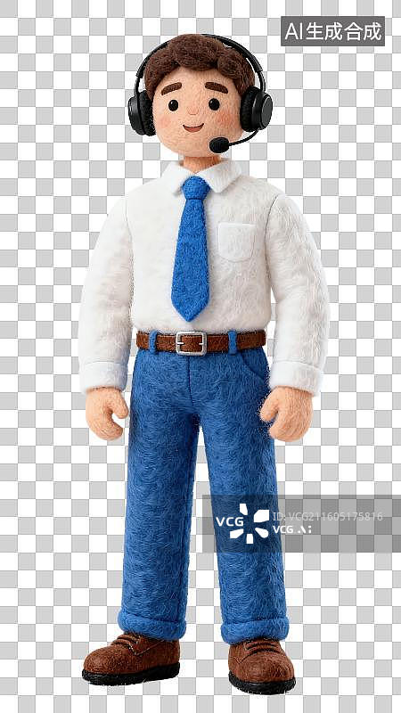 【AI数字艺术】3D渲染免抠图形元素卡通羊毛毡质感穿白衬衫系领带头戴耳机耳麦的男性客服人员形象图片素材