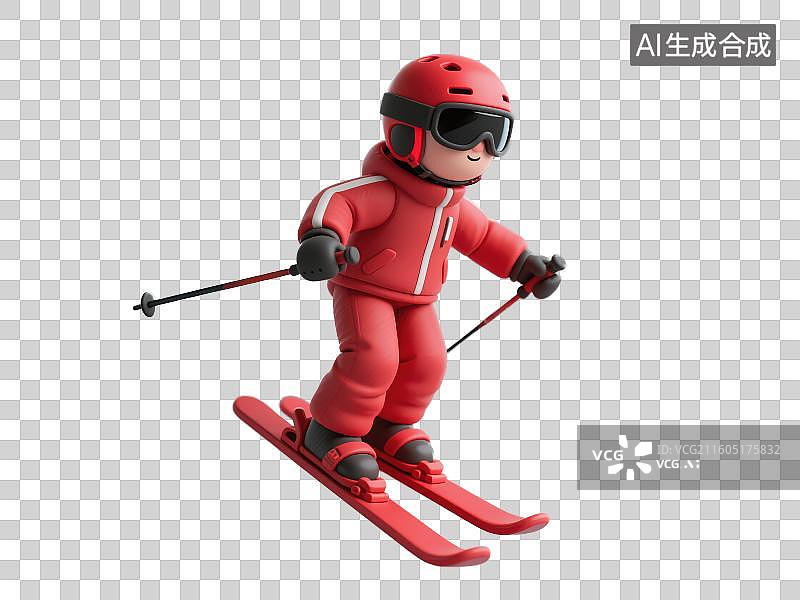 【AI数字艺术】3D渲染免抠图形元素卡通红色装扮滑雪运动员图片素材