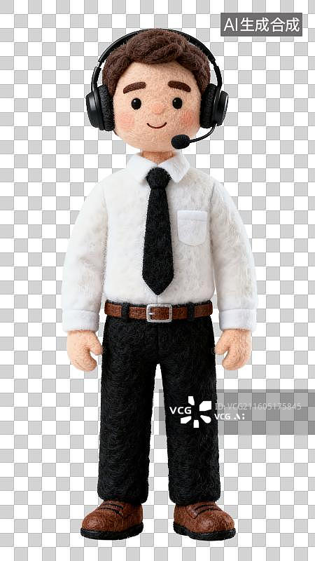 【AI数字艺术】3D渲染免抠图形元素卡通羊毛毡质感穿白衬衫系领带头戴耳机耳麦的男性客服人员形象图片素材