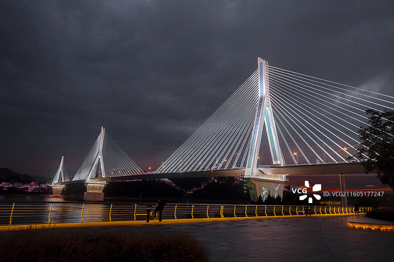 湖北省宜昌市，夷陵长江大桥，磨基山森林公园，长江一号，长江，长江夜景，夷陵长江大桥夜景，邮轮，客船，图片素材