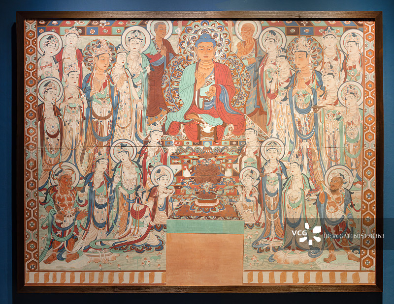 中国美术馆-墨韵文脉-甘肃丝路艺术珍品展-临摹莫高窟初唐第205窟说法图-2007-国画-敦煌研究院图片素材