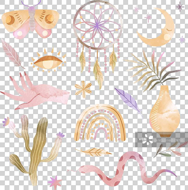 水彩波西米亚风格元素集合图片素材