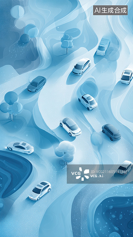 【AI数字艺术】蓝色抽象道路上的车辆流动图片素材