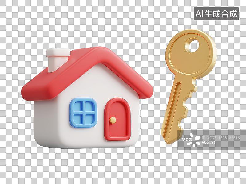 【AI数字艺术】3D渲染免抠图形元素红色卡通房屋模型和金色金属钥匙图片素材