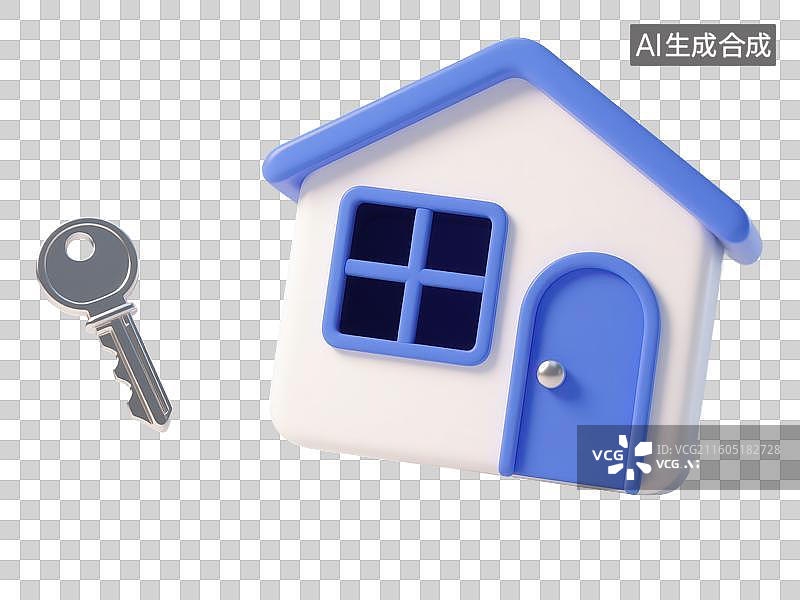 【AI数字艺术】3D渲染免抠图形元素蓝色卡通房屋模型和银色金属钥匙图片素材
