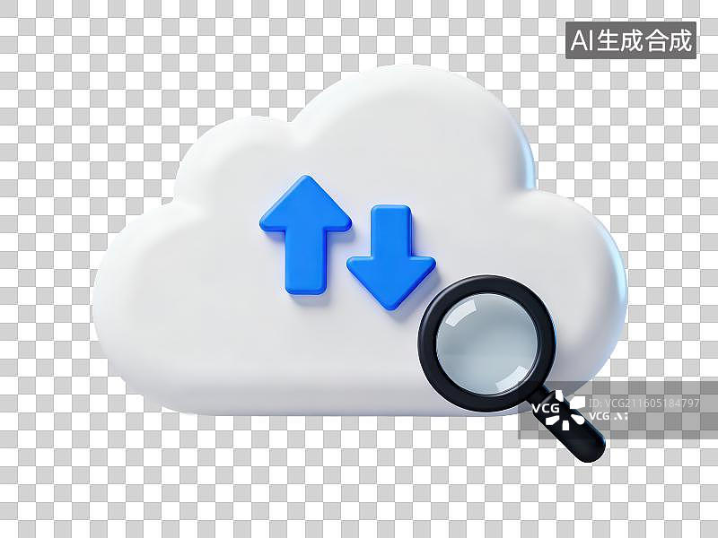 【AI数字艺术】3D渲染免抠图形元素卡通白色云朵上有上传下载的蓝色箭头旁边还有个黑色放大镜图片素材