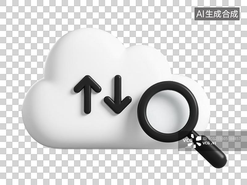 【AI数字艺术】3D渲染免抠图形元素卡通白色云朵上有上传下载的黑色箭头旁边还有个黑色放大镜图片素材