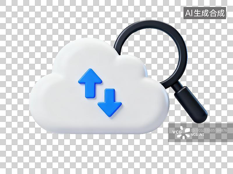 【AI数字艺术】3D渲染免抠图形元素卡通白色云朵上有上传下载的蓝色箭头旁边还有个黑色放大镜图片素材