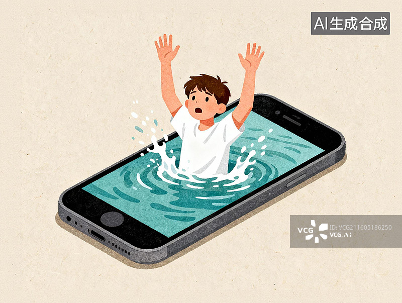 【AI数字艺术】一个男孩在手机屏幕中溺水呼救图片素材