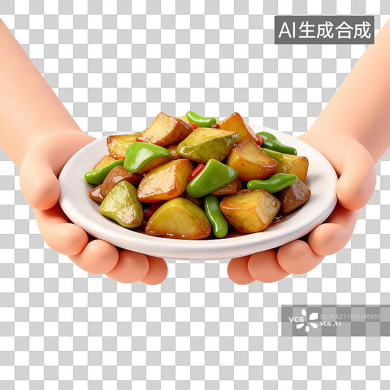 【AI数字艺术】手捧美味的地三鲜图片素材
