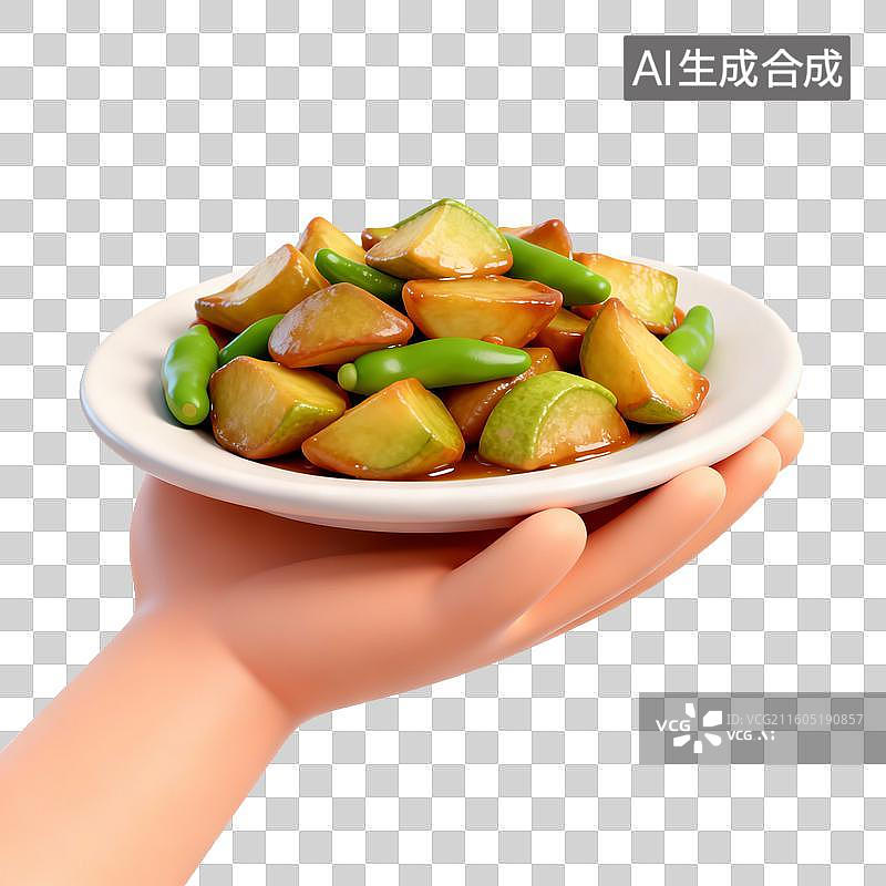 【AI数字艺术】手捧美味的地三鲜图片素材