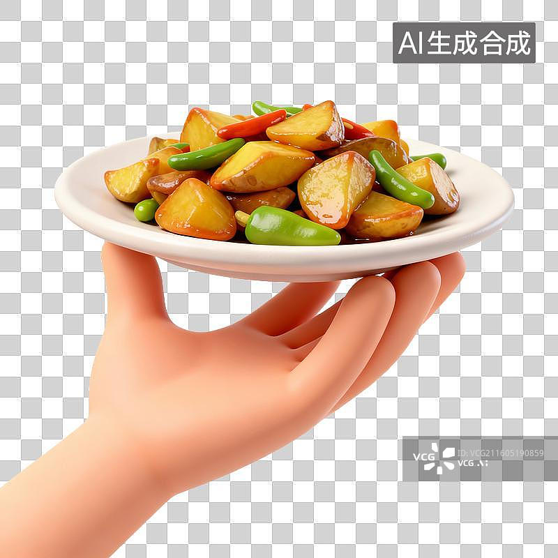 【AI数字艺术】手捧美味的地三鲜图片素材