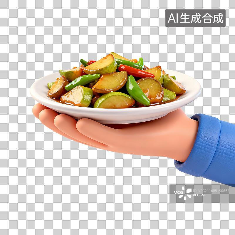 【AI数字艺术】手捧美味的地三鲜图片素材