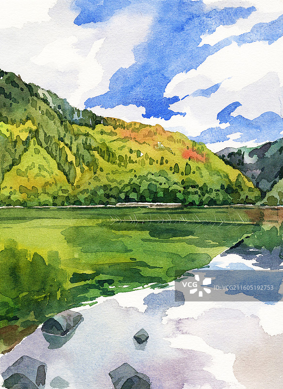 九寨沟五花海水彩插画图片素材