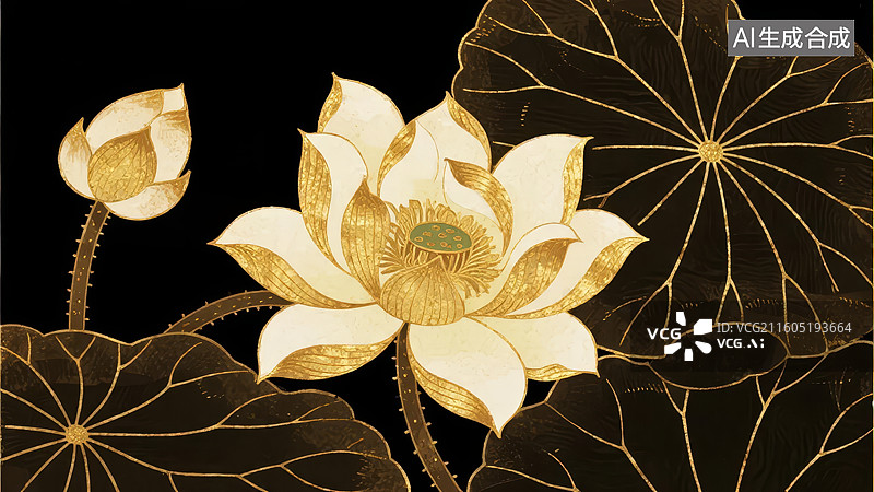 【AI数字艺术】金色莲花与荷叶图案图片素材