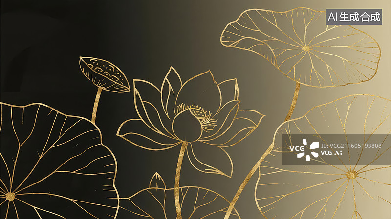 【AI数字艺术】金色莲花与荷叶图案图片素材