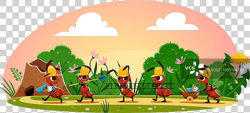 卡通蚂蚁建筑工人在蚁穴附近团队协作图片素材